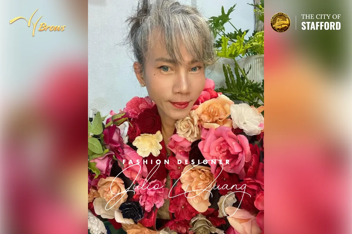 Team VyBrows Beauty và nhà thiết kế Julio Quang trên sân khấu Together We Shine — Lễ kỷ niệm 250 năm Lập Quốc Hoa Kỳ tại Stafford Centre, ngày 8 tháng 5 năm 2026