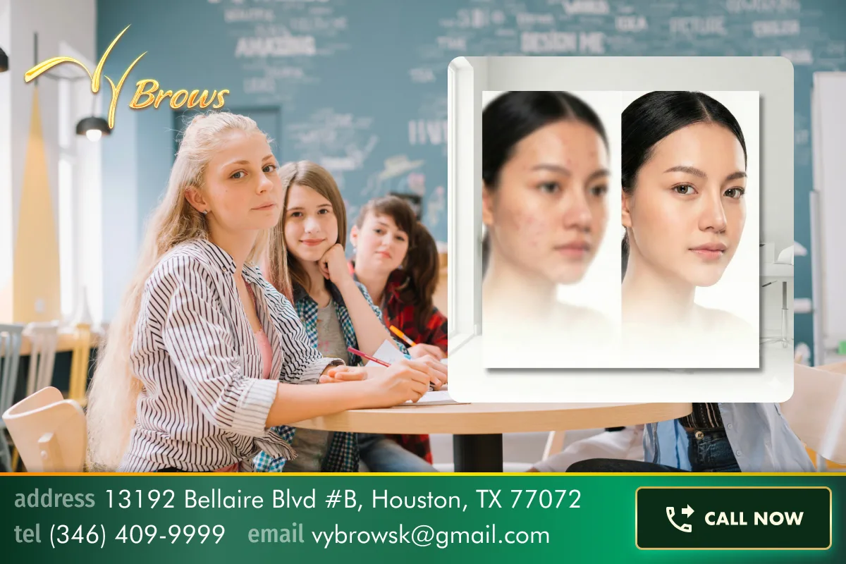Teen acne facial treatment at VyBrows Beauty Houston Texas — professional esthetician performing gentle deep cleanse for teenage skin